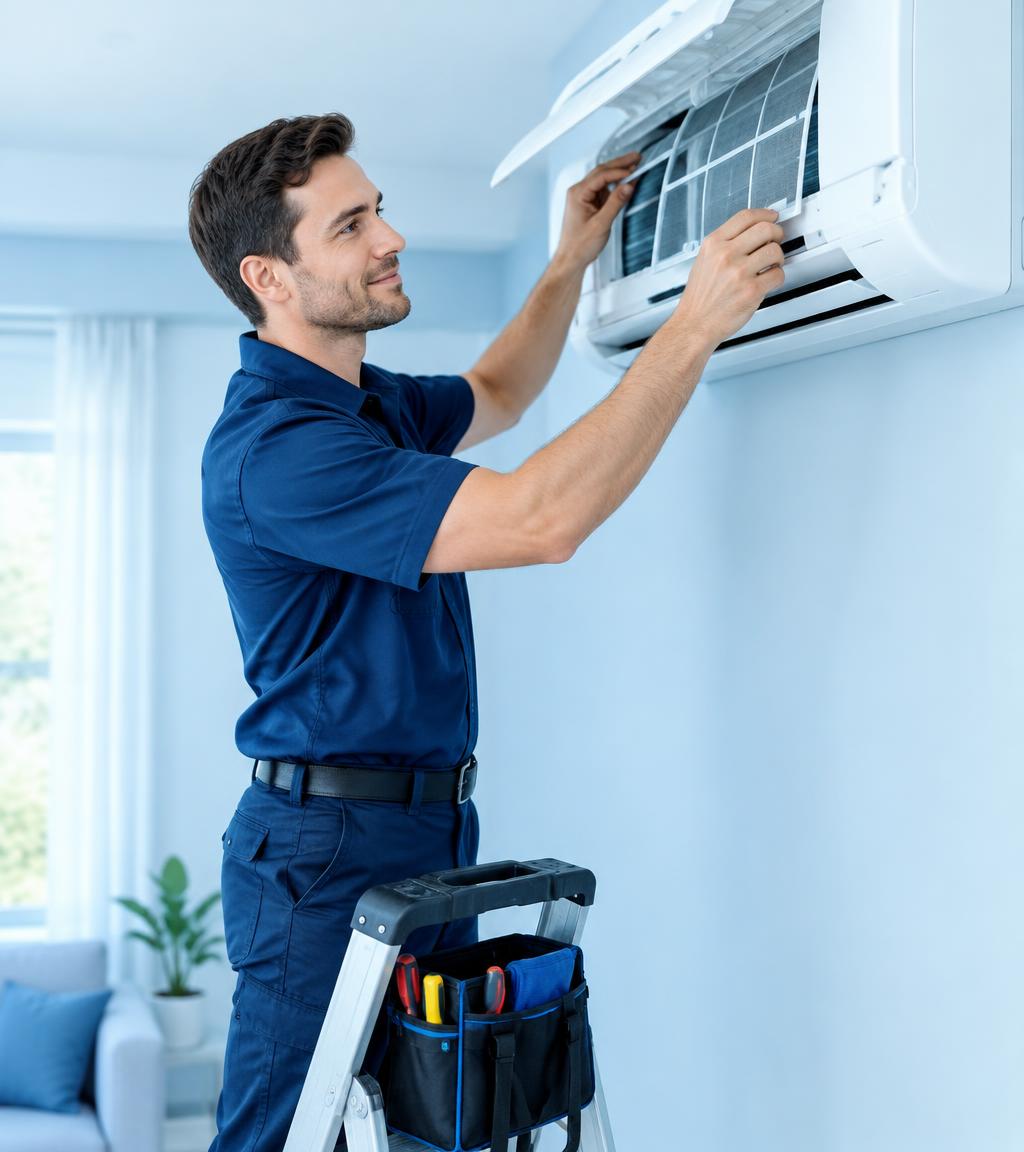 Technician servicing a wall-mounted split air conditioner in a bright home